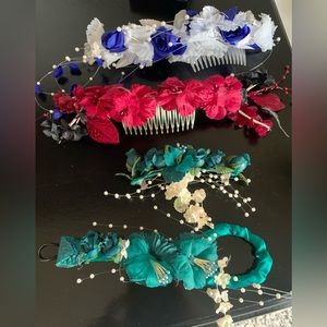 Vintage 1980’s hair combs, blue burgundy and teal